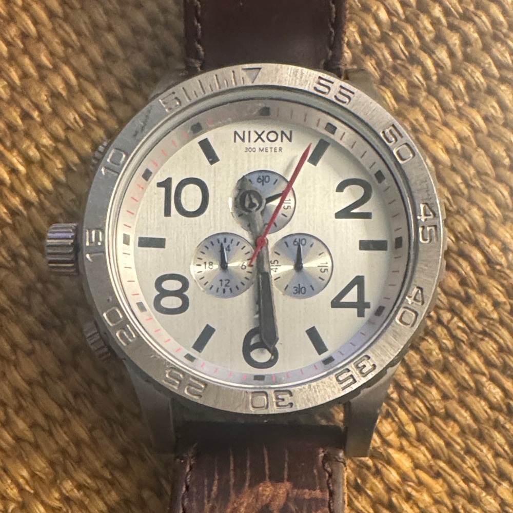 Nixon Silver Chronograph with Brown Leather Strap